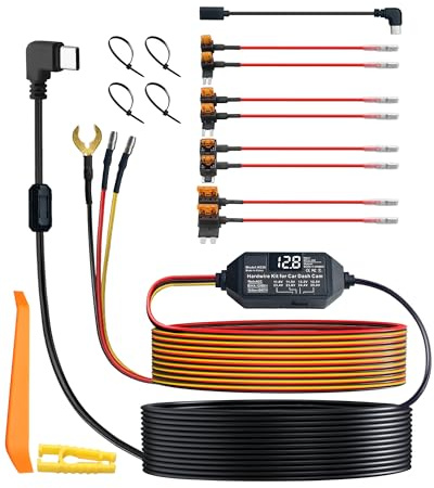 eSynic Dashcam Hardwire Kit 12V-24V mit Parkmodus Acc-Modus Niedrigspannungsschutz 3A Type-C Anschluss, geeignet für Autos, LKW, SUV 3,5m Kabel, einschließlich Sicherungsadapter, A8-B8 Signaladapter