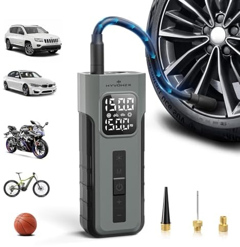 HYVOHEX Car Tyre Inflator Air Compressor,1 Min Fast Inflation Bike Pump | Tire Inflator with Digital Pressure Gauge, 10.34 Bar Portable Air Pump with LED Light for Car Tyres, Motorcycle,Bicycle,Ball