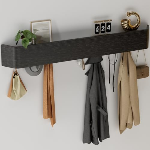 Huracan Wandgarderobe Eiche 88cm, Design Garderobenleiste Holz mit Versteckten Haken, Moderne Garderobenhaken Kleiderstange Metalloptik für Flur, Wohnzimmer & Eingang, Platzsparend, Schwarz