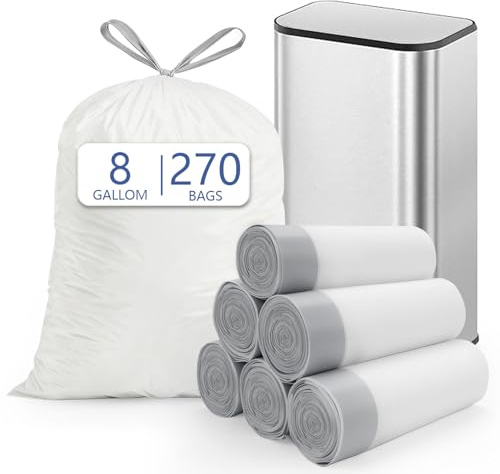 30 l Müllbeutel, passend für SONGMICS Mülltonnen, 6 Rollen, 270 Stück, robuste weiße Müllsäcke, vorgetrennte Kordelzug-Müllbeutel, geeignet für Küche, Bad usw.