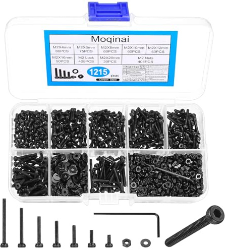 1215Pcs M2 Screw Set, M2 Bolts and Nuts Set, Black Hex Socket Head Cap Screws and Nuts Assortment Kit, Precision Carbon Steel Machine Screws with Washers, Small Metric Screw and Nut Set