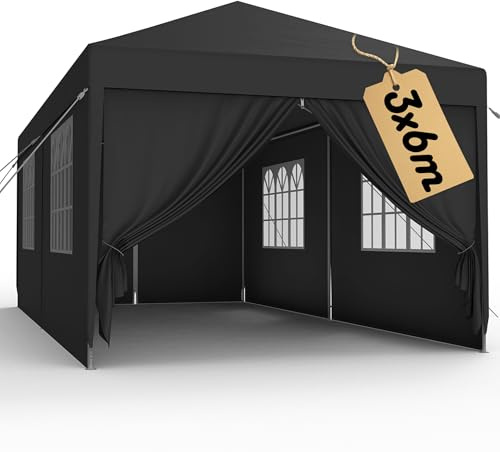 QEENTOE Pavillon 3x6m Gartenpavillon Winterfest Wasserdicht Partyzelt mit Seitenwänden & Reißverschluss UV Schutz Pavillon mit Tragetasche für Hochzeit Garten Innenhof Party - Anthrazit