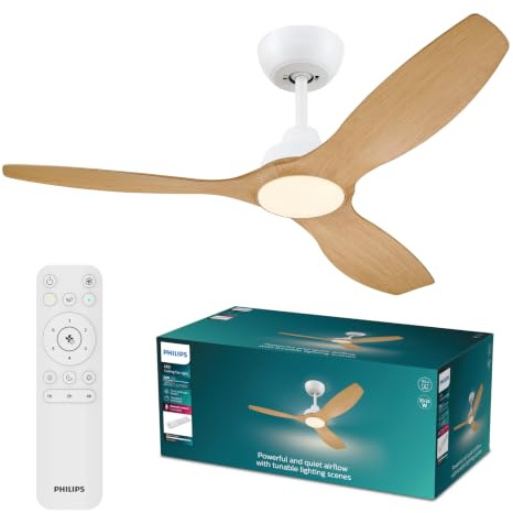 PHILIPS Olas Ceiling Fan Light, LED Light, 132cm Diameter, White/Wood | 3 Blades, Cool to Warm White Light, 3000-6500K, 2650lm, Dimmable, Remote Control Included, 6 Fan Speeds, Quiet Operation