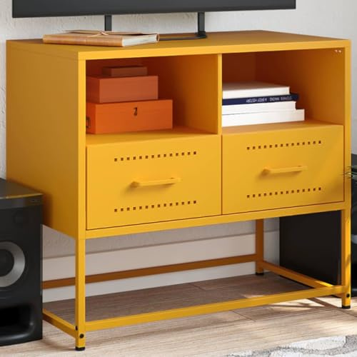 Owoxanthellate Mustard Yellow TV Stand 68 x 39 x 60.5 cm Steel Industrial TV Cabinet with 2 Drawers and Open Compartments Living Room Bedroom Media Unit