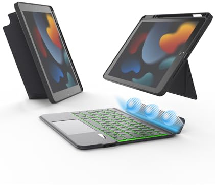 EIP Custodia con tastiera Bluetooth per iPad 10,2 (7a/8a/9a generazione), 10,2, con scorciatoie stilo brevettate, protettiva, cerniera regolabile, custodia staccabile, retroilluminazione a 7 colori