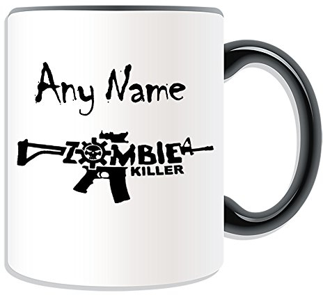 Personalised Gift - Zombie Killer Mug (Scary Design Color) - Any Name Message Unique - Evil Outbreak Undead Walking Dead Voodoo Bloody Apocalypse Gun Rifle Slogan