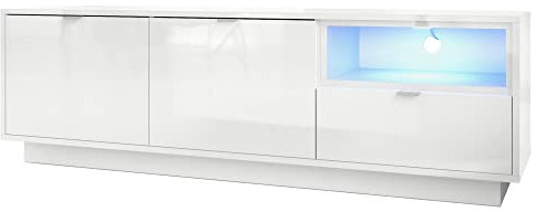 Vladon TV Unit Stand Metro, Carcass in White High Gloss/Front in White High Gloss with an insert in White High Gloss, incl. LED lighting