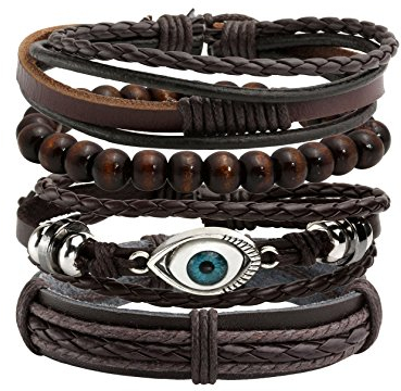 MILAKOO 4Pcs Women Men Black Braided Leather Bracelet with Evil Eye Decor