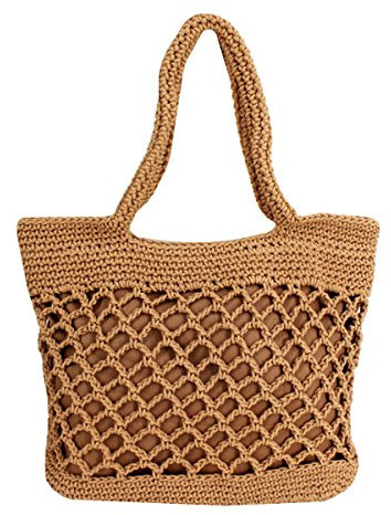 LA HAUTE Fils de coton tissage sac à main décontracté été plage fourre-tout sac à bandoulière en paille fait à la main, Brun clair