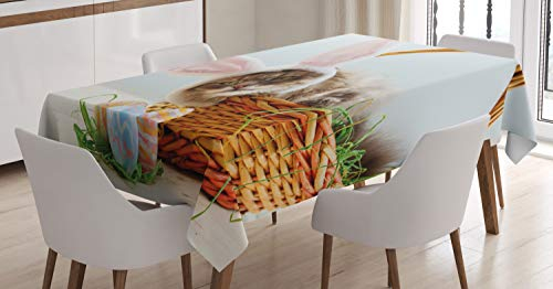 ABAKUHAUS Osterhase Tischdecke, Katze als Oster-Kaninchen, Schmutzabweisend Pflegeleicht Waschbar Druck Mit Klaren Farben ohne Verblassen, 140 x 170 cm, Beige Rosa