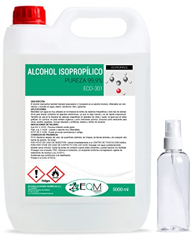 EQM - ECO-301 - Alcohol Isopropílico 99,9% - 5L - Isopropanol - Limpieza componentes electrónicos, objetivos y pantallas - Limpieza de resinas en impresión 3D - Limpiacristales y desengrasante