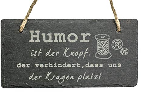 Spruchreif · Schiefer Tafel mit Gravur · Wanddeko · Schieferschild mit Karoband · Türschild aus Schiefer zum Aufhängen · Motiv Knopf