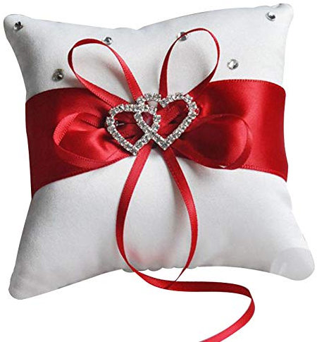 Brussels 08 Ringkissen mit Strass Doppelherz Charm Seide Robbon 10x10cm Romantische Ringkissen Deko Rot