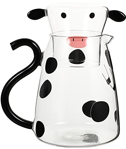 BESTonZON Jarra de cristal con taza, figura de vaca para agua, té helado, jarra de zumo, bebidas, frigorífico, jarra de agua para agua, bebidas, vino, café, leche, zumo, 550 ml