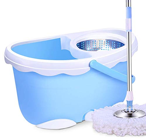 Cubo de fregona giratoria con escurridor sobre Ruedas, Sistema de Limpieza de Suelos de Madera Dura con 3 recambios de fregona de Microfibra (Azul Rosa) Elegant