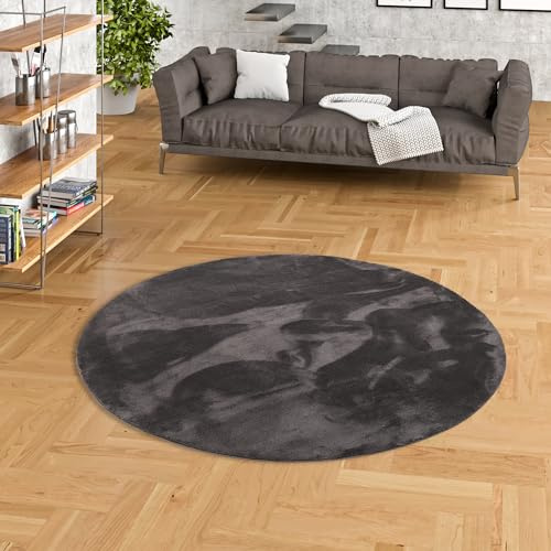 Pergamon Luxus Fellteppich Pearl Anthrazit Rund – Super Soft Kunstfell Hochflor Teppich