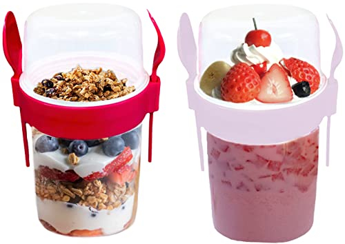 VL Yogurt Pots Reusable Overnight Oats Container with Spoon & Fork BPA free Breakfast Pots to GO Muesli Cereal On the Go Dishwasher Safe Lunch Box Oatmeal Jars (Set of 2 (Red, Pink), 800ml)