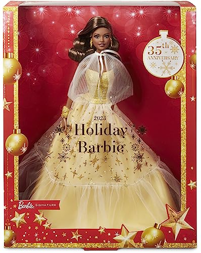 Barbie Signature Joyeux Noël 2023 Poupée Spéciale Fêtes 35Ème Anniversaire avec Robe De Soirée Dorée, Cheveux Bruns Et Emballage De Présentation, À Collectionner, Jouet Enfant, Dès 3 Ans, HJX05