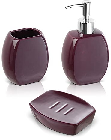Inbagno Set Accessori Bagno Completo – 3 Pezzi in Ceramica, Kit Accessori da appoggio, Include Dispenser Sapone, portaspazzolini e portasaponetta (Viola)
