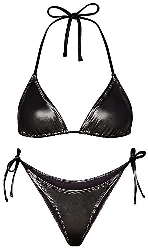 EVELUST Metallic Bikini für Frauen – Retro Glänzend Silber Gold Badeanzüge Badeanzug Dreieck Tops Seitliche Krawatte Tanga Bottom Set, Schwarz, Large