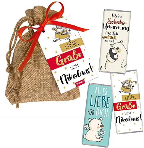 STEINBECK Nikolaus Säckchen gefüllt mit 3 Mini-Schokoladen Geschenk Befüllung für Adventskalender Socken Stiefel