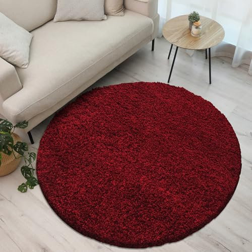 Giancasa Hochflor Teppich Rund 120 cm Rot - Flauschiger Shaggy in vielen Farben für mehr Gemütlichkeit in deinem Zuhause - Ideal für Wohnzimmer Flur und Schlafzimmer