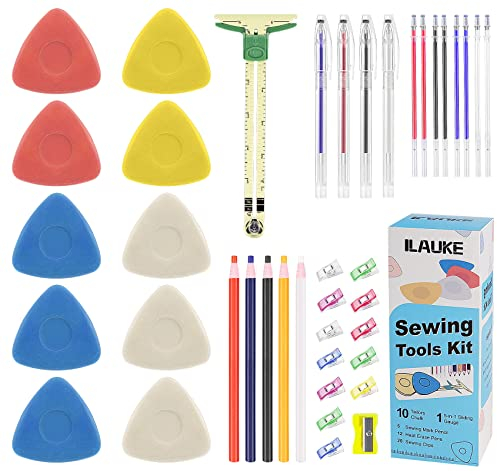 ilauke Nähwerkzeug-Set, 10 Stück Schneiderkreide, Gleitlehre Lineal, 5 Stück Nähmarkierungskreidestift, 12 Stück wärmeradierbare Stifte, 20 Stück Nähclips, Nähen, Schneidermachen