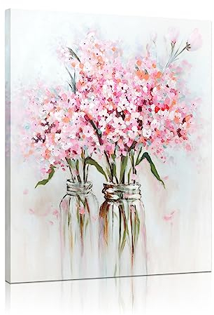 YPY Leinwand-Wandkunst, abstrakter Blumenstrauß in Vase, Kunstdrucke für Teenager, Mädchen, Schlafzimmer, rosa Blumenbild, Poster, Badezimmer-Dekoration, 30,5 x 38,1 cm