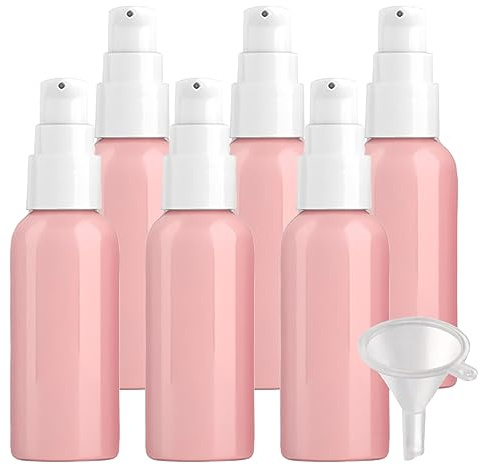 ZEOABSY 6 Pieces 50 ml Pink Lotion Bottles with White Pump, 50ml Empty PET Plastic Lotion Pump Bottle Cosmetic Gel Travel Container for Cosmetic, Make up, Cleaning + 1 x Funnel