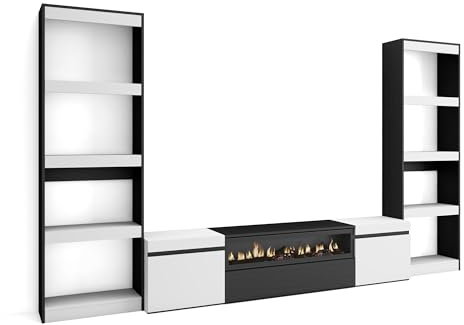 Skraut Home | Ensemble Meuble TV | Meuble Salon Complet | 320x186x35cm | pour Les TV jusqu'à 80 | Cheminée électrique | Style Moderne | Blanc et Noir