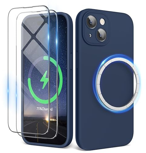 SURPHY Magnetic Case for iPhone 15 Plus Case with Screen Protector, Liquid Silicone Anti-Scratch Compatible with MagSafe Gel Rubber Phone Case for iPhone 15 Plus 6.7 inch, Storm Blue
