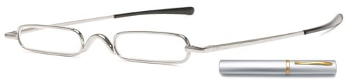 ABETOS Mini Lesebrille Schmale Metal Lesehilfe Sehhilfe Federscharnier Damen Herren Klassische Leicht Kleine Lesebrillen in Mini-Etui für Unterwegs (Silber, 2.0)