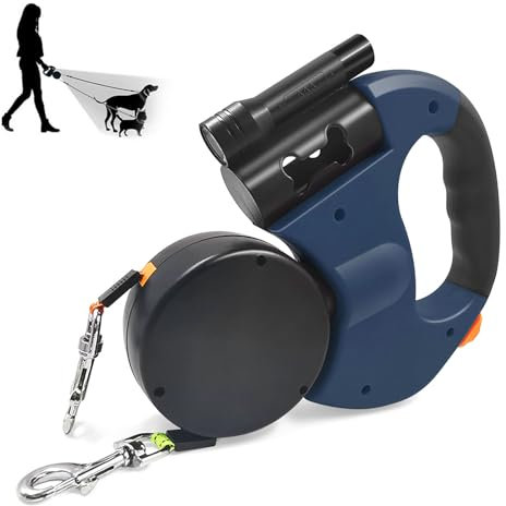 Guinzaglio Retrattile 3m per Cani Taglia Grande, Doppio per Due Cani con Impugnatura Antiscivolo, Media Piccola Fino (Blu)