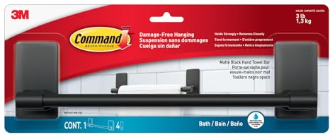 Command Porte-serviette pour Salle de Bains, Noir Mat - 1 Porte-serviettes et 4 Bandes Adhésives Résistantes à l'eau de Taille Moyenne, 1,3 kg - Accrochage Sans Dommage