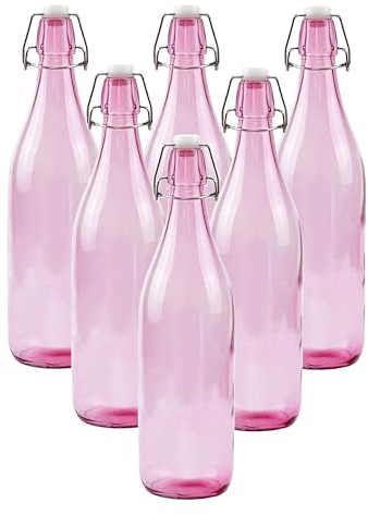 simpa 1 Litre Traditional Vintage Style Glass Bottles with Swing Top Lids - Set of 6 Pink Bottles.