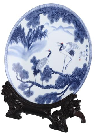 GARVALON Plateau Décoratif Céramique avec Support Assiette Artisanale Porcelaine Bleue Et Blanche pour Décoration Et Service De Table