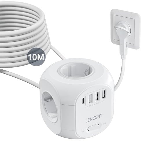 LENCENT 4 Fach Steckdosenleiste Flachstecker Steckdosenwürfel Mehrfachsteckdosen 8 in 1 Cube Steckdose Steckerleiste mit 3 USB, 1 Typ-C, Mehrfachstecker mit 10 Meter Kabel für Wandsteckdose