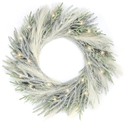 Perfnique 60cm Christmas Wreaths for Front Door with Lights, Norfolk Pine Wreath with Pampas Grass, Winter Outdoor Indoor Wreaths for Wall Window Fireplace Home Holiday Decor (Pine and Pampas)