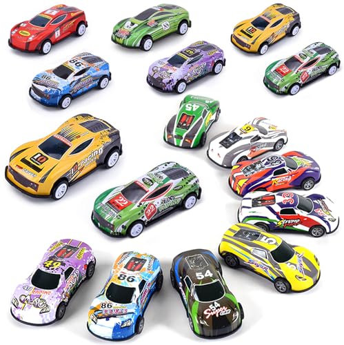 SUPGOD 16 Stück Mini Auto Set Rennauto Metall Stunt Spielzeugauto Autos Spielzeug Aufziehautos mit Rückzug Spielzeug Autos Zufällige Auswahl Kleine Autos für Mädchen Jungen Spielzeug Geschenk