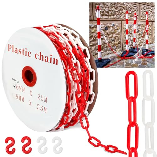 25 m Absperrkette Rot Weiß Kunststoffkette, 6mm Warnkette Plastikkett | Kunststoff Absperrkette mit 4 Karabinern für Barrieren in Auffahrten, Arbeitsplätzen und Garagen