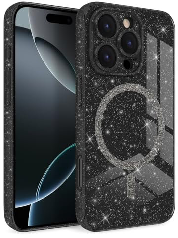 Newseego Magnetic Phone Case for iPhone 16 Pro [Compatible with Magsafe], Clear Shiny Glitter Girls Women Screen Camera Shockproof Protection Bumper Dustproof Cover for iPhone 16 Pro-Black