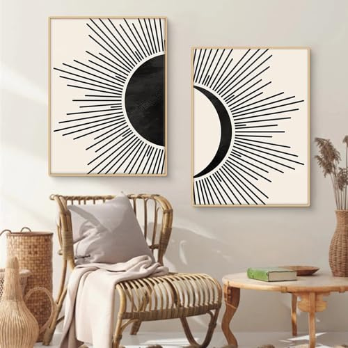 Ueiwffzo 2er Set Bilder Wohnzimmer, Boho Deko, Beige Schwarz Sonne Poster & Kunstdrucke ohne Rahmen, Moderne Wandkunst Leinwandbilder für Wohnzimmer Schlafzimmer Wanddeko (50 x 70 cm)