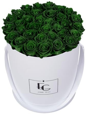 EG EMMIE GRAY Classic Infinity Rosebox | Round | L | White – Rosenanzahl: 34 ± 2 Infinity Rosen mit langjähriger Haltbarkeit, echte Rosen die bis zu 3 Jahre blühen, konservierte Rosen (Emerald Green)