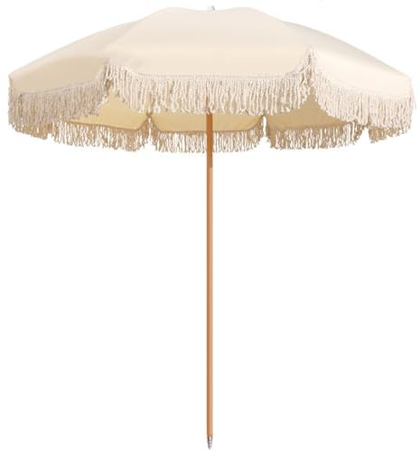 Sombrilla de jardín grande de 180 cm con borla retro con función de inclinación, sombrilla de playa a rayas rosas para patio, protección UV y eje de madera maciza, elegante parasol para uso en