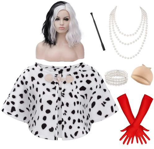 Velmawig Cruella Devil Kostüm Damen Cruella Perücke Schwarz und Weiß Schal für Frauen Halloween Fasching Party Costume VL044