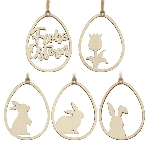 MEJOSER 15 Stück Osterdeko zum Aufhängen Osteranhänger Holz Ostereier zum Aufhängen mit Schnur Holzanhänger Hängend Ostern Deko zum Bemalen Osterhasen Ostereier zum Basteln Ostern Anhänger