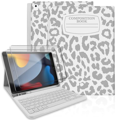 TopPerfekt for iPad 9th Generation Keyboard Case 10.2 2021,Magnetically Absorbent,Auto Sleep/Wake, Pencil Holder with 2 Tempered Film for iPad 8th/7th Gen 10.2/Air 3rd/pro 10.5Notebook Leopard Grey