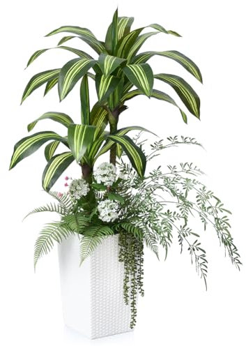 VeriNatural Artificial Dracaena Tree 120cm Large Fake Plant - UV Resistant Leaves, White Taper Pot with Faux Flowers - Tall Artificial Plants Indoor Outdoor Decor for Home Office Porch Garden, VN151
