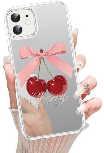 Xylota Handyhülle für iPhone 12/12 Pro 6,1 Zoll Hülle, Mirror Spiegel Makeup Schutzhülle, Aesthetic Süßes Design TPU und Hartes PC Stoßfeste Frauen Mädchen Kratzfest Case für iPhone 12 Pro, Kirsche