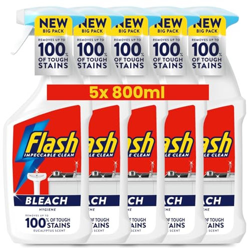 5x Flash Spray With Bleach Multi-Purpose Cleaner – 800ml | Powerful Degreaser & Stain Remover | Eucalyptus Scent | Streak-Free Shine for Hard Surfaces